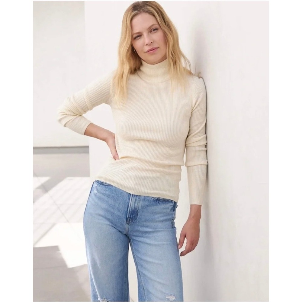 AYR The Visionary Ribbed Wool Blend Turtleneck Long sleeve Top Cream Large